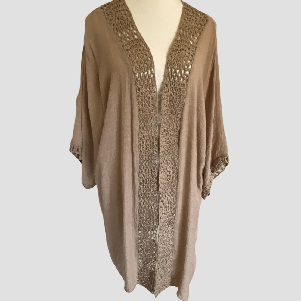 Cleo Tan Crochet Trim Beach Summer Vacation Coverup Kimono- Size L/XL